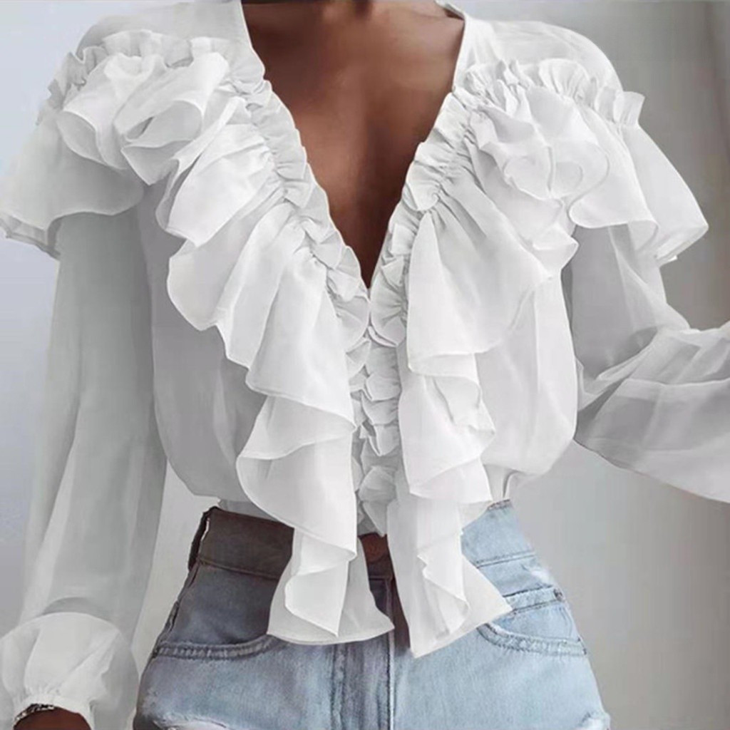 Camisa de Chiffon Solta com Decote em V, Manga Longa, Cor Sólida, Gola com Babados, Blusa Pullover Elegante GGWE