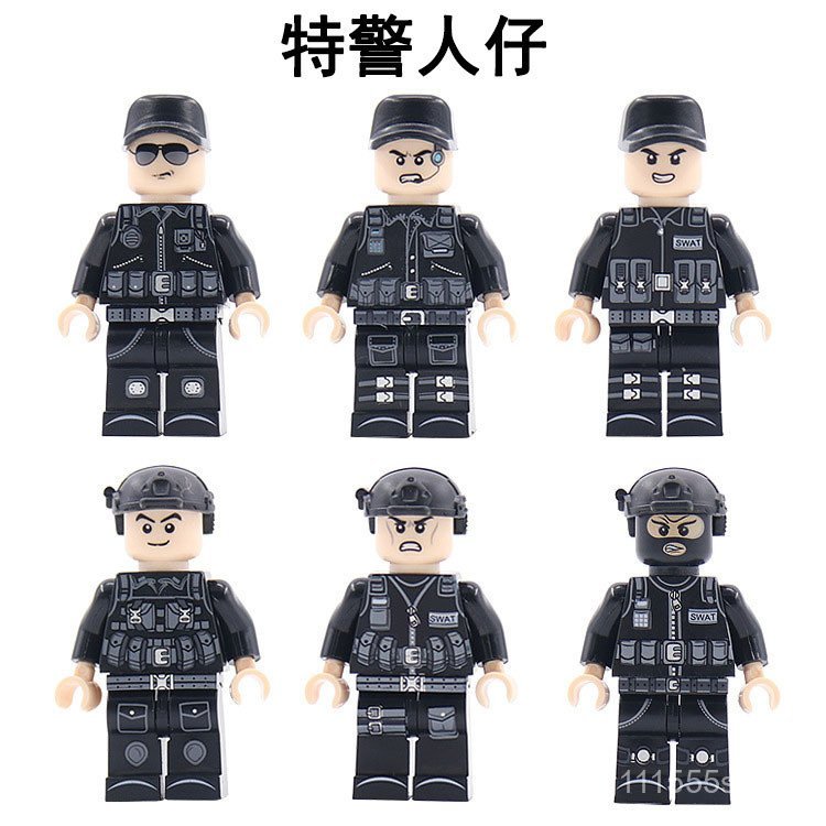 Pacote de minifiguras de blocos de montar militares de terceiros, conjunto de 6 minifiguras SWAT, blocos de montar de pe
