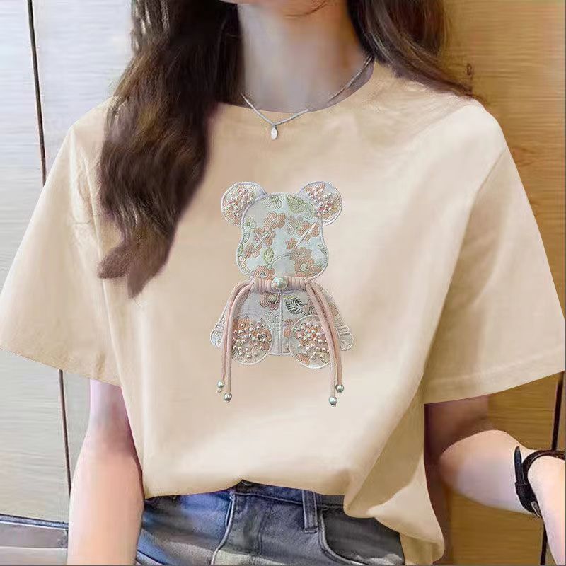 Oferta Especial 2026 Verão Novo Estilo Chinês Estilo Chinês Hot Stamping Bear Camiseta de Manga Curta Feminina Solta Cas