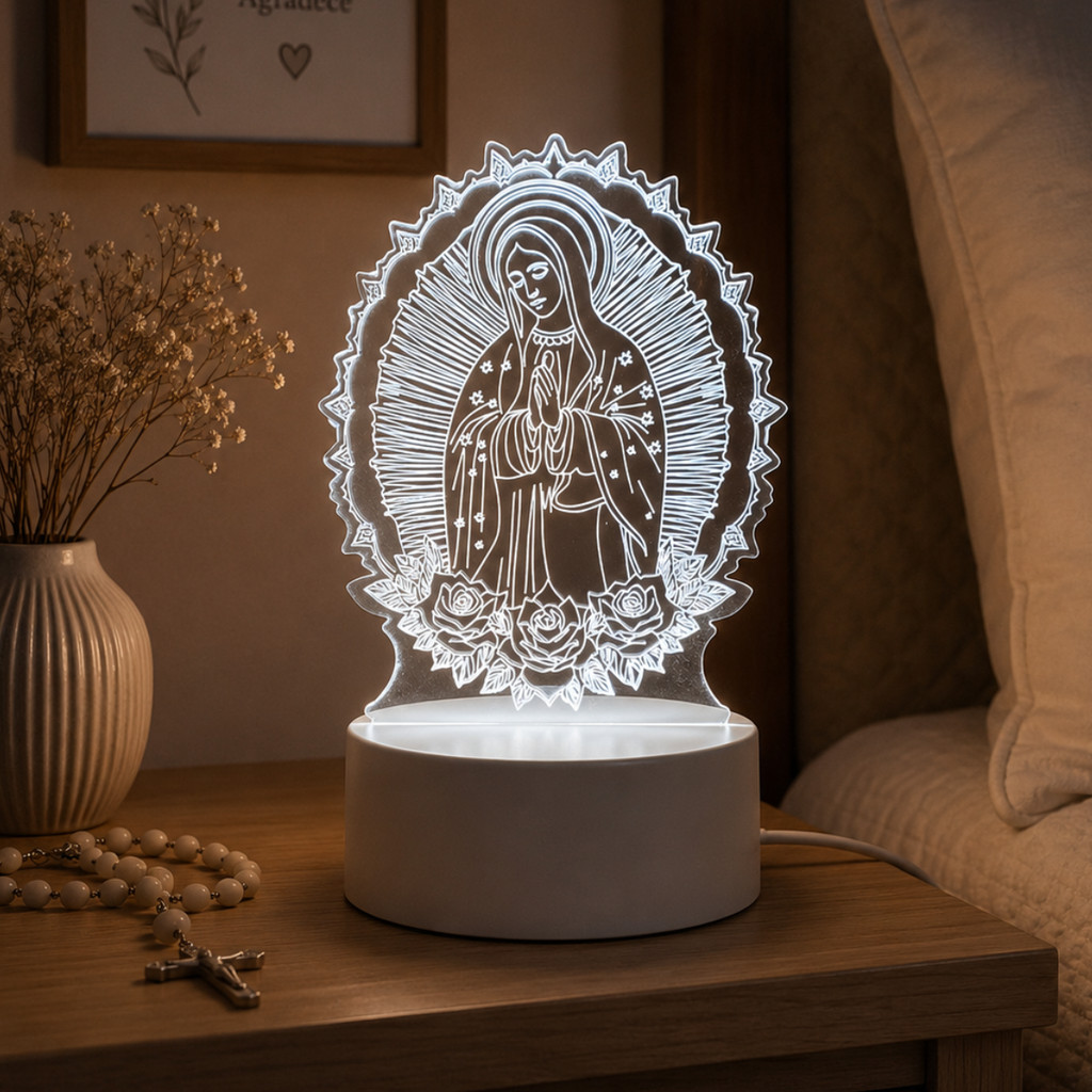 Luminária Nossa Senhora 3D LED Abajur Religioso Luz Noturna Decorativa para Quarto E Mesa