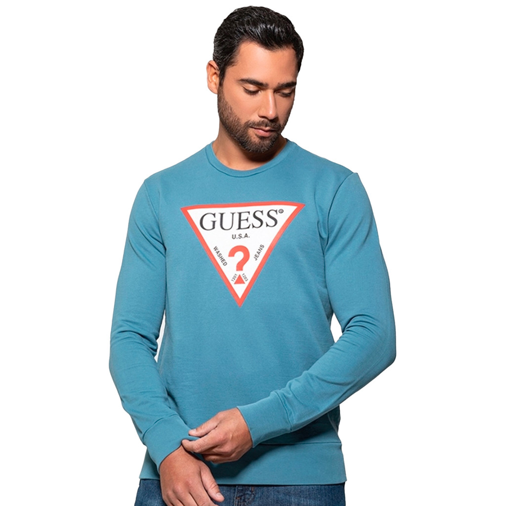 Moletom Guess Masculino Crewneck Triangle Logo Azul Médio