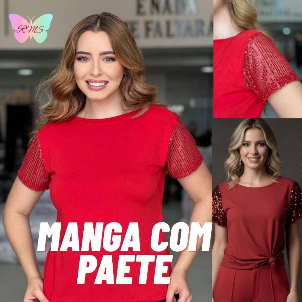 Blusa Basica baby look Feminina Manga Paetê Brilho Estilosa  t-shirt  suede