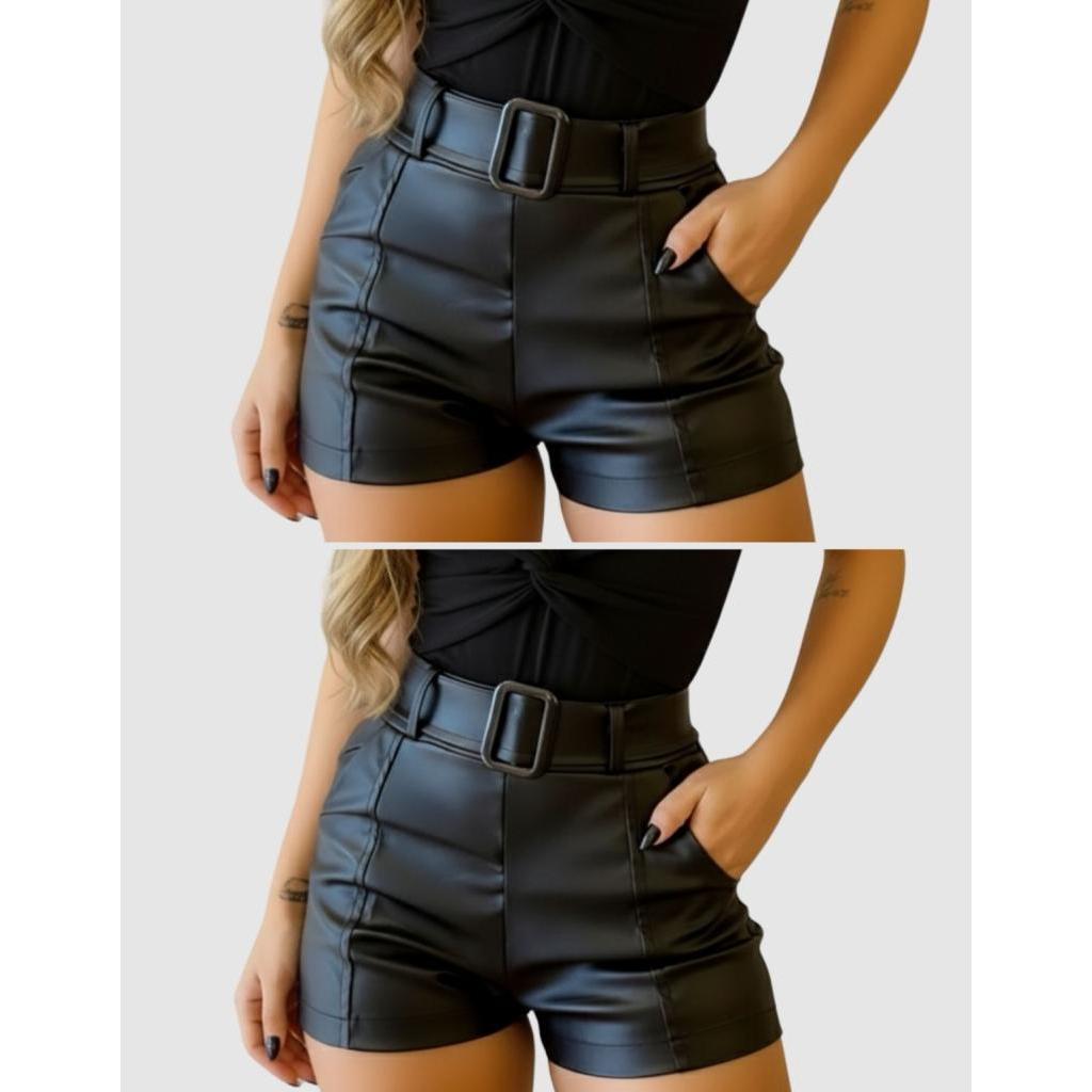Kit 2 Shorts Feminino Curto Couro Fake Cinto Moda Festa Balada Tendência