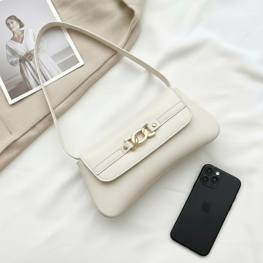 Bolsa Feminina de Ombro Creme Baguete Casual Para Celular Estilosa