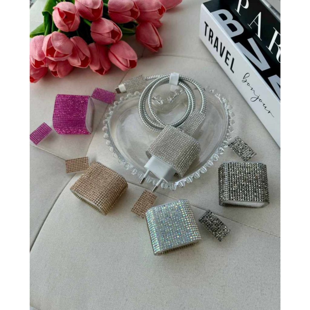 Kit Protetor Com 3 peças Para Carregador Brilhoso Strass Pedrinhas Brilho para Fonte Turbo De Androide IPhone em Oferta na Shopee