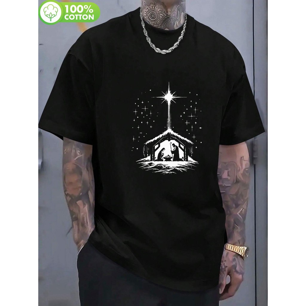 Camiseta Masculina Christmas Nativity Scene Star of Bethlehem Mary Joseph Estampada Religiosa Confortável Estilosa