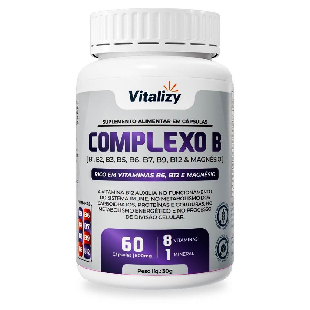 Complexo B Vitalizy + Magnésio Vitaminas B1 B2 B3 B5 B6 B7 B9 B12 60 Cápsulas Alta Concentração