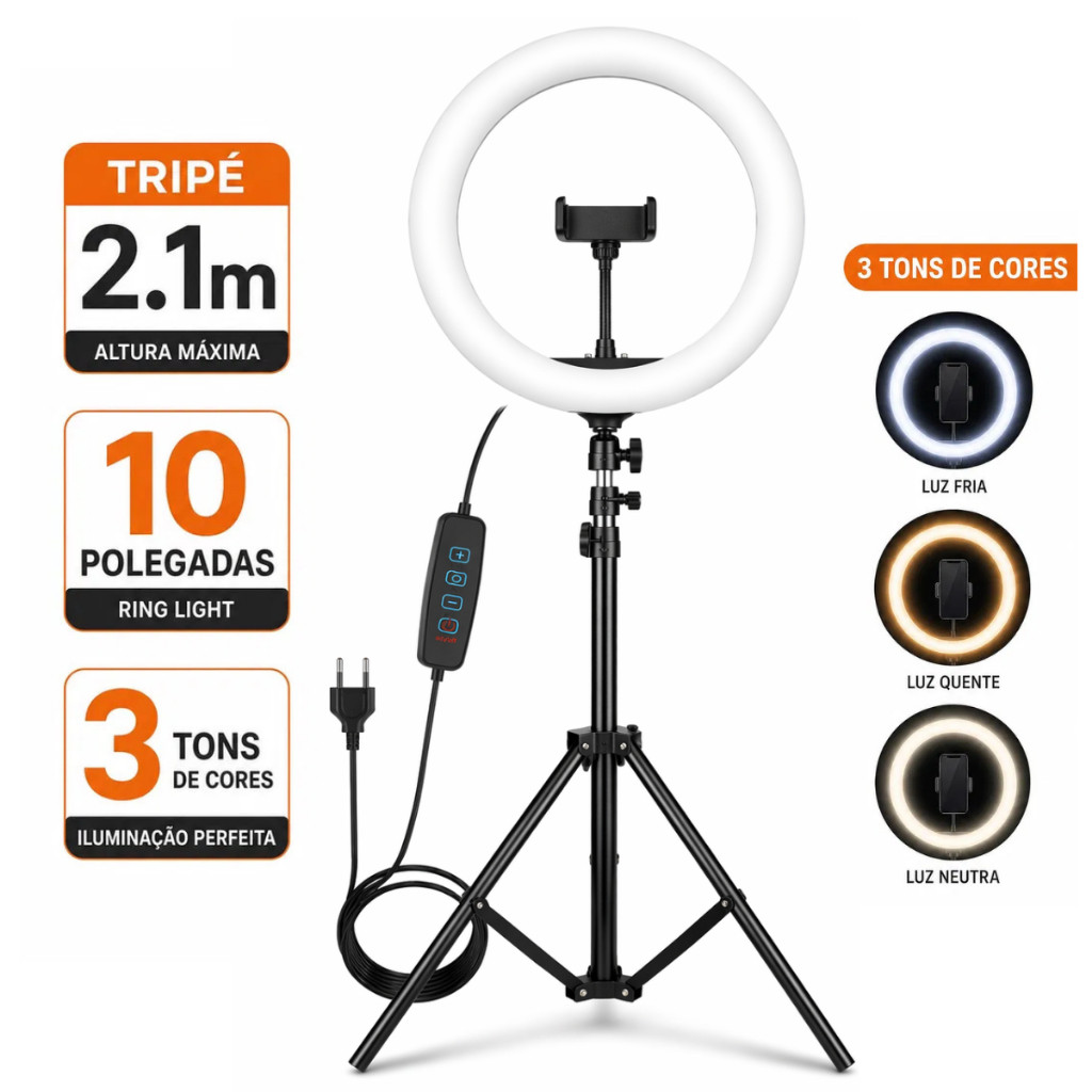 Iluminador Led Ring Light 10 Polegadas 110/220 Com Dimmer E Tripé Kit Completo Para Vídeo Foto Youtube Live Tikok e Kwai