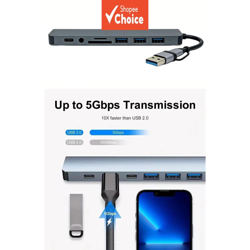 Estação de acoplamento hub USB C 8 em 2 multiporta, leitor de cartão TF/SD, áudio 3,5 mm 100 W para PC