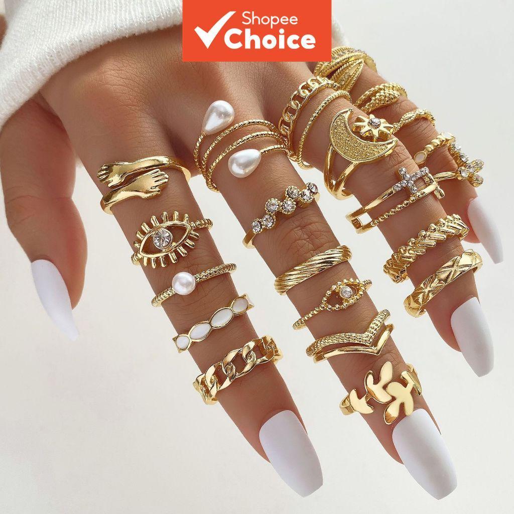 23 peças conjunto de anéis retrô estilo punk para mulheres, moda minimalista, pérola, zircônia, anéis geométricos para