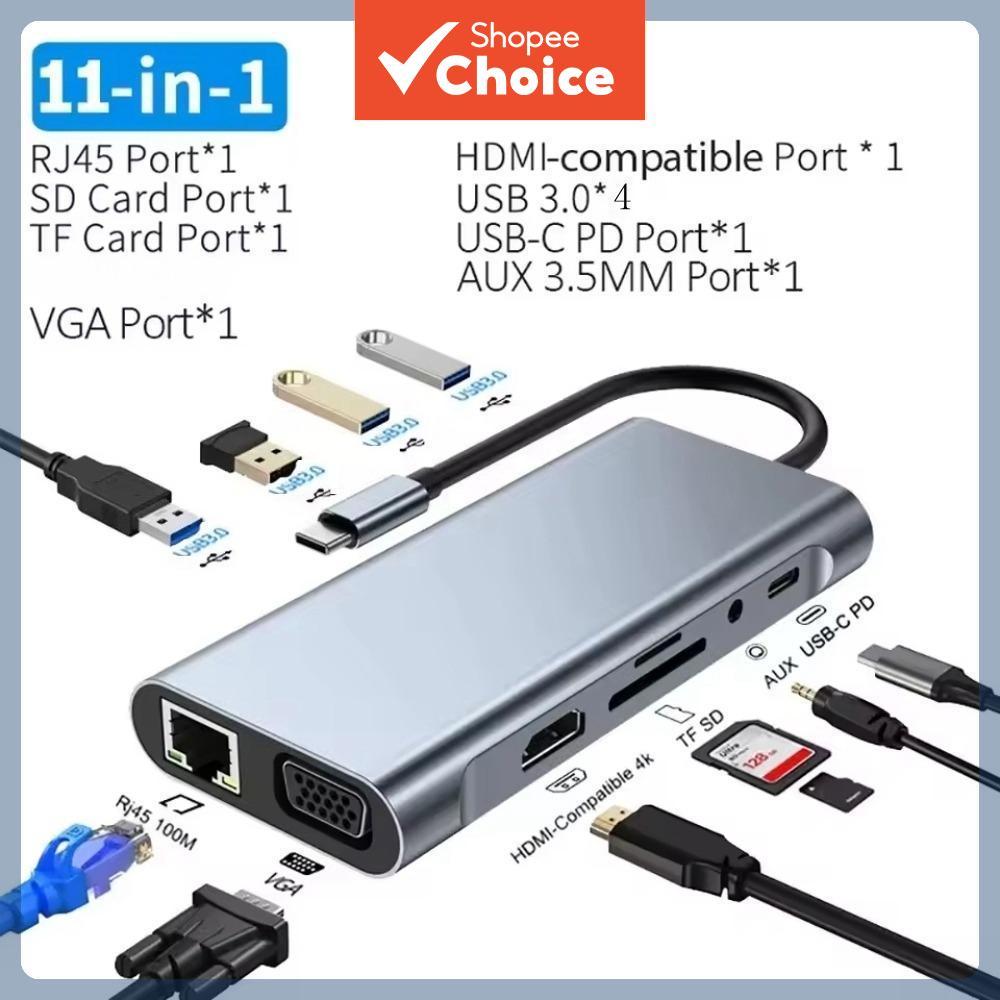 Hub USB Tipo C 11 em 1, adaptador compatível com HDMI 4K Tipo-C para VGA, RJ45 Ethernet, SD TF PD, áudio/microfone 3,5