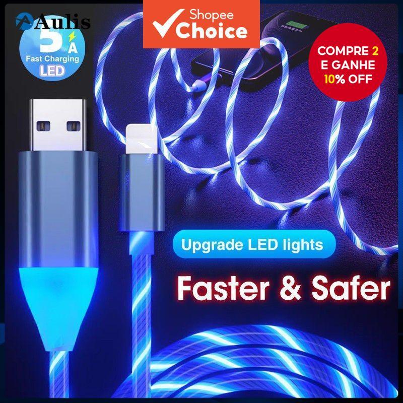 Cabo USB 3A LED Glow 1M/1.5M – De Carregamento De Luz Fluida Luminosa Para Micro E Tipo C , Dados Rápido