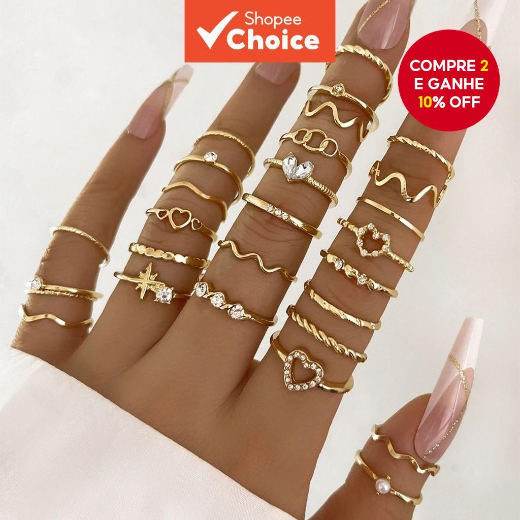 Conjunto De Anéis Ondulados Minimalistas De 28 Peças Para Mulheres-Joias De Coração Geométricos De Prata em Oferta na Shopee