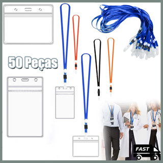 50 porta-cartões de identificação, com corda, capas protetoras transparentes para cartão de identificação, Material de P em Oferta na Shopee