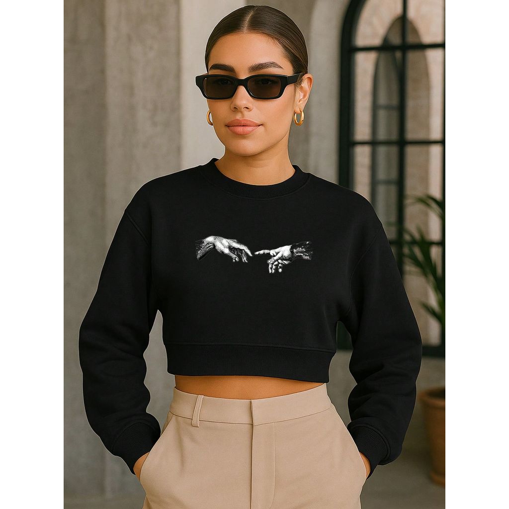 Cropped Moletom Feminino Mãos de Deus Adão Swag Streetwear Fofo Tumblr Estiloso Várias Cores