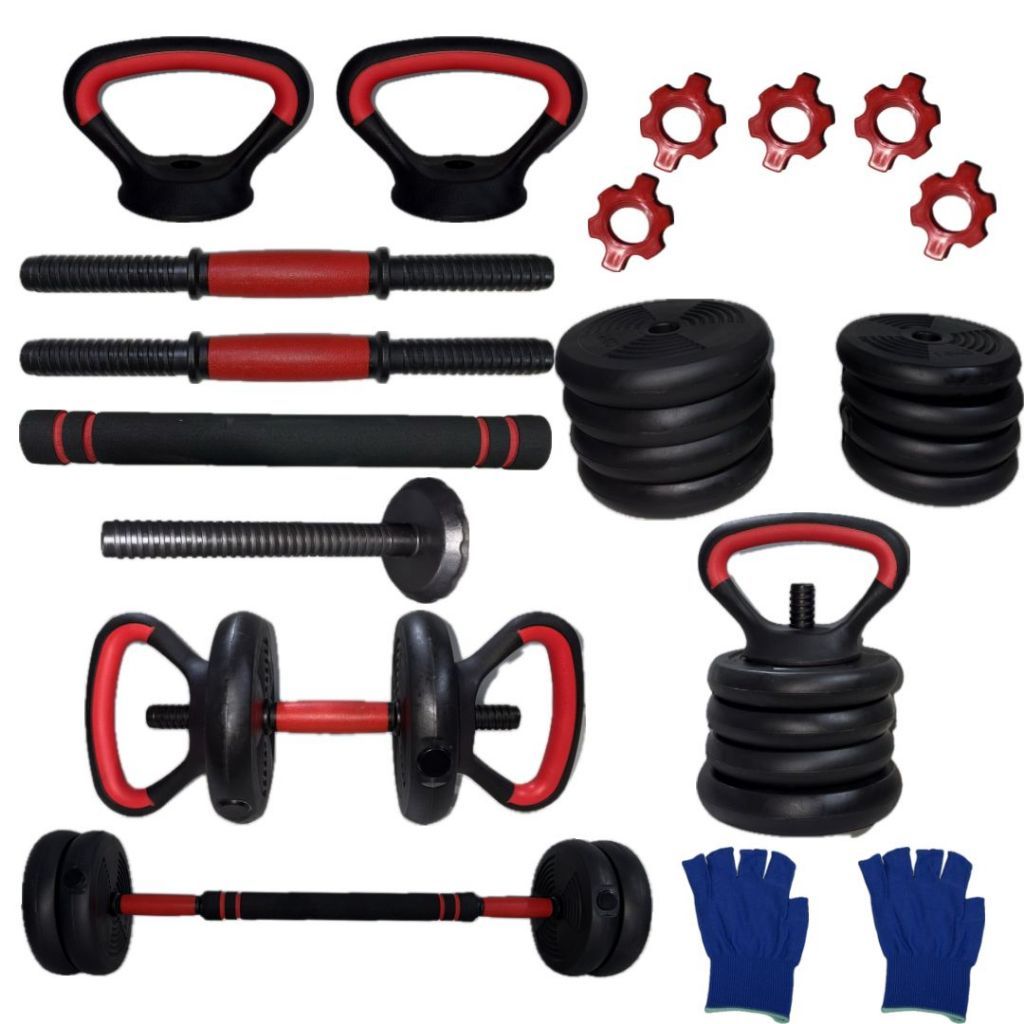 Kit 6 Em 1 Musculação 30Kg Halteres Anilhas Barras Kettlebell Ajustáveis Academia Treino em Casa