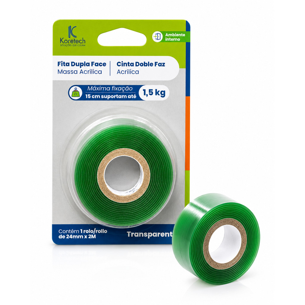 Fita Dupla Face Transparente Koretech Fixação Forte 24mm x 2m
