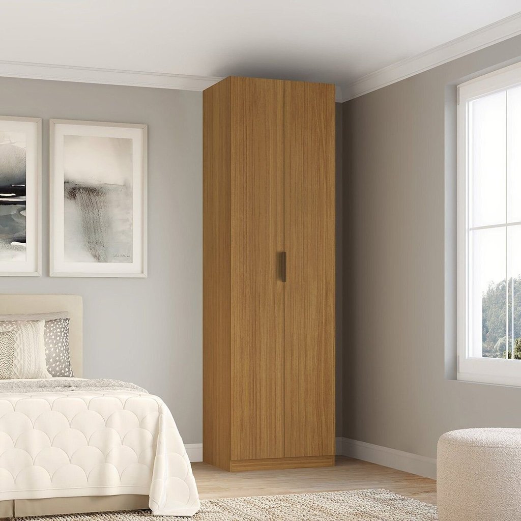 Guarda-roupa Modulado 2 Portas com Prateleiras 3 Gavetas 2 Cabideiros 90cm 100% MDF Clean Freijó