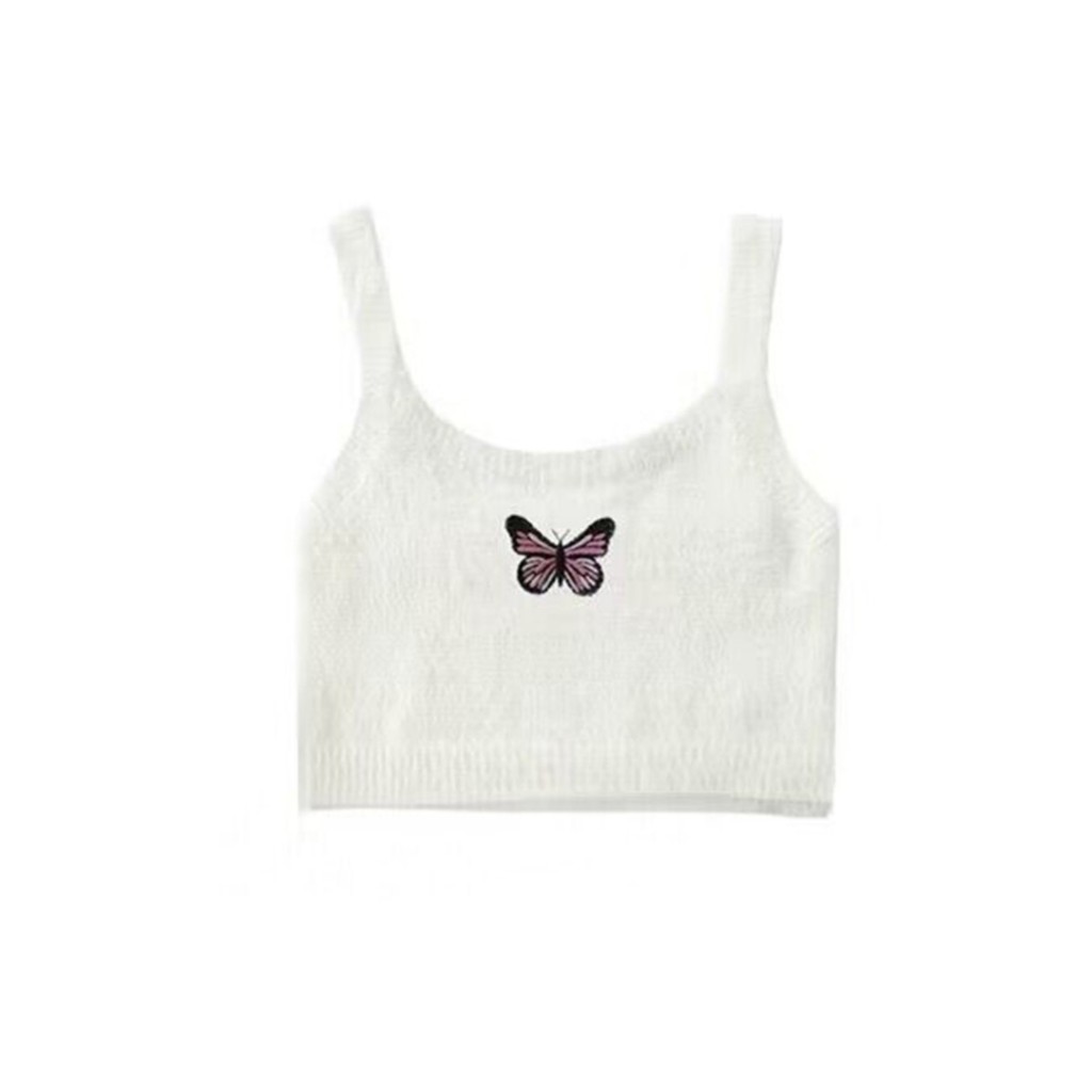 Frete grátis americano Retro bordado borboleta curto colete de malha feminino puro desejo peludo estilingue cintura alta