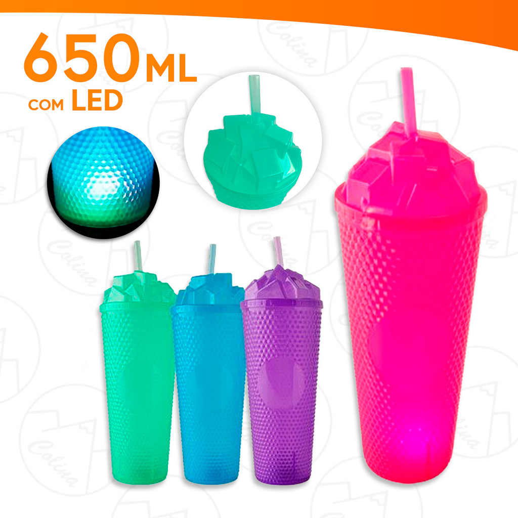 Copo Colorido Com Luz De Led Tampa E Copo De Plastico - 650ml - 4 Cores Decor
