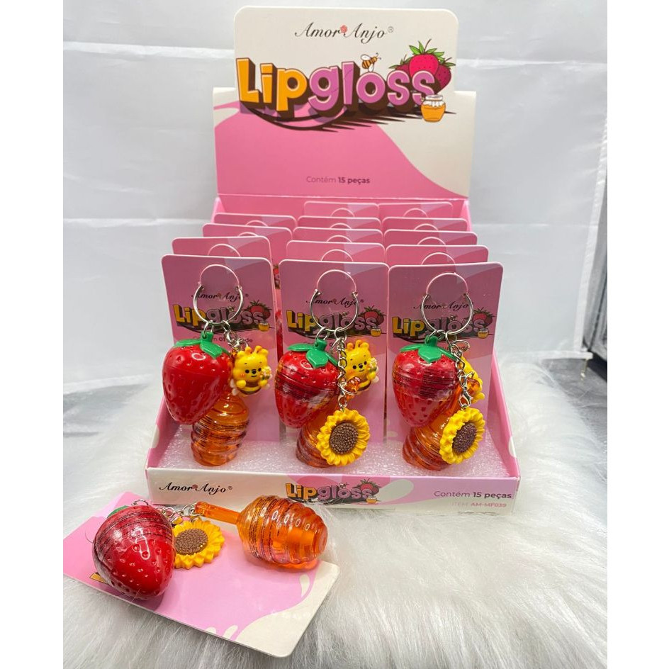 Lip Gloss Morango e Mel com Chaveiros Fofos – Brilho Intenso e Hidratação Irresistível. ( Unidade )