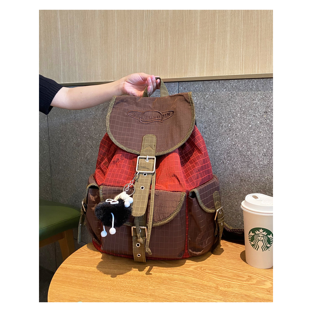 Estilo coreano Design cordão mochila senhoras 2026 novo estilo moda cor-bloqueio xadrez náilon pano mochila feminina via
