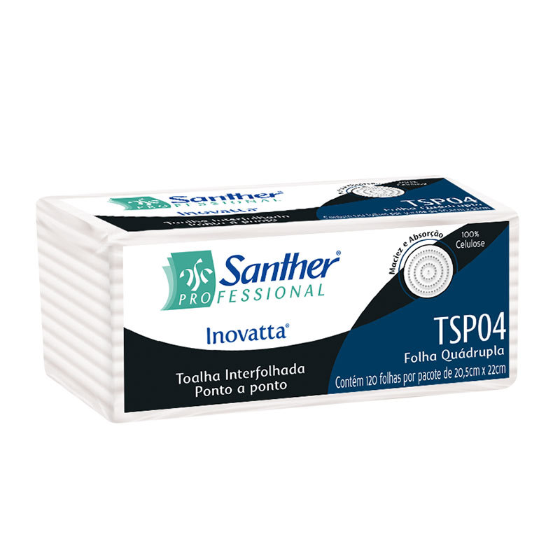 Papel toalha interfolha 2 dobras folha quádrupla 100% celulose TSP04 20,5x22 c/120 fls Santher
