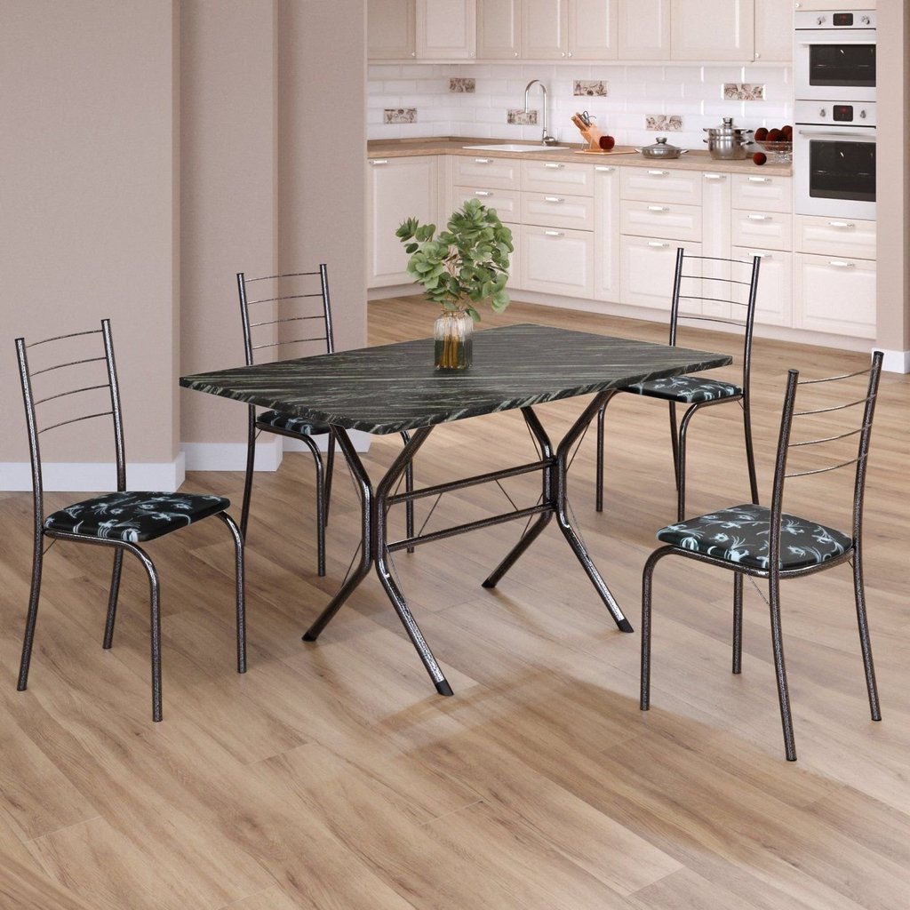 Conjunto Sala de Jantar Mesa Retangular 100x60cm Tampo Madeira MDP Ardósia Indiana 4 Cadeiras Rio Prata/Preto