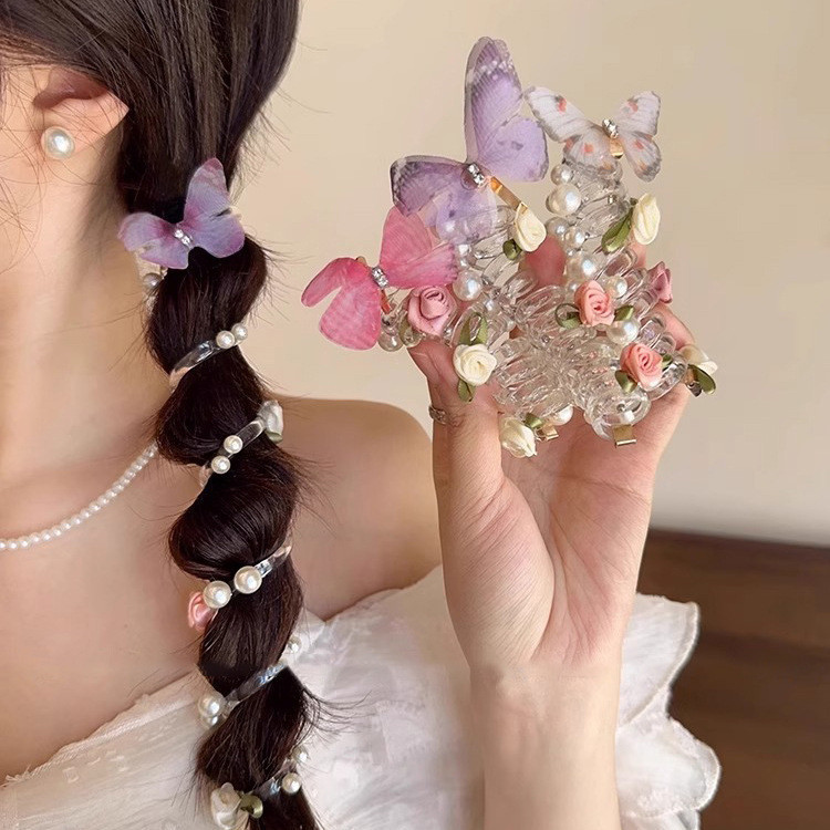 [Estoque pronto] Doce borboleta rosa linha telefônica anel de cabelo bebê rabo de cavalo ferramenta útil corda de cabelo