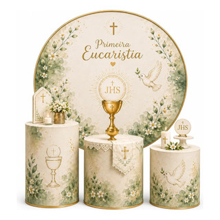 Kit Decoração Capa Painel Redondo 150x150 Mais Trio Capas Cilindros Tema Eucaristia Lançamento Tecido Premium Lavável