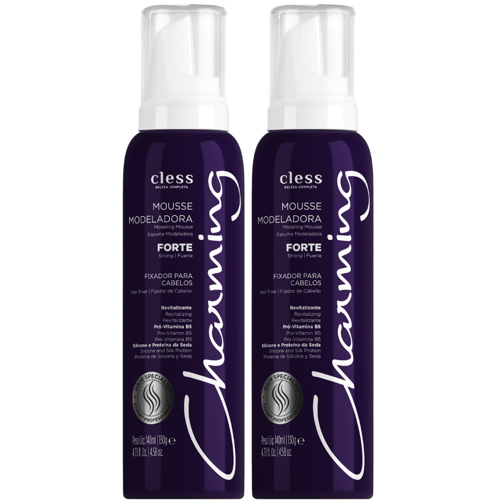 Kit 2 Mousse Modelador Charming Cless Forte Fixador Cabelo Antiúmidade Brilho Filtro UV 140ml