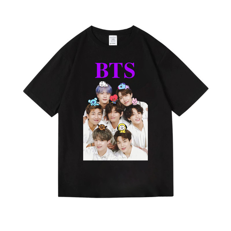 Camiseta Unissex BTS KPop Banda BT21 Personagens Foto Membros Estampada Estilosa Confortável Divertida Fã