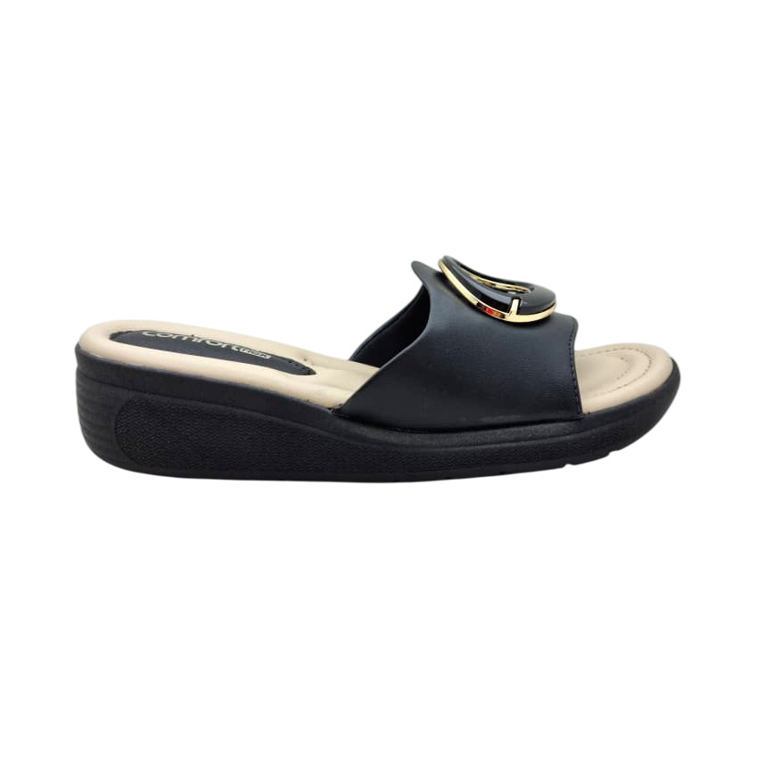 Sandália Anabela Comfortflex Feminina 25-87402 – Conforto Preto/Camel