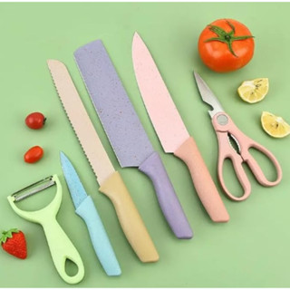 Conjunto de Facas Coloridas 6 Peças Aço Inox Premium com Tesoura e Descascador – Cozinha e Churrasco em Oferta na Shopee