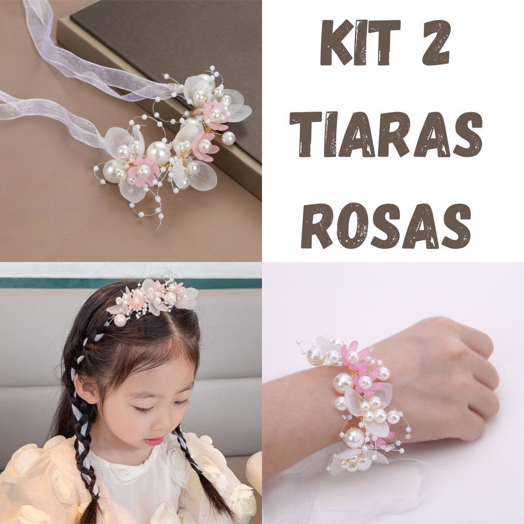 Kit 2 Tiaras Rosa Infantil Luxo com Flores e Pérolas Para Festas e Cerimônias Casamento Damiminha