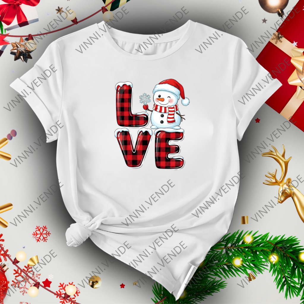 Camiseta Feminina Natal Boneco de Neve Love Blusa 100% Algodão Camiseta Natalina Comemoração 2025