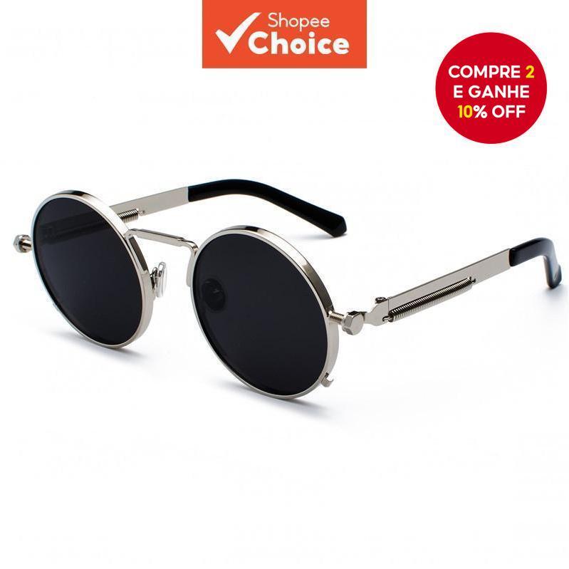 Óculos de sol redondos Steampunk, retrô para homens e mulheres, com braços espelhados, armação metálica e lentes UV400. em Oferta na Shopee