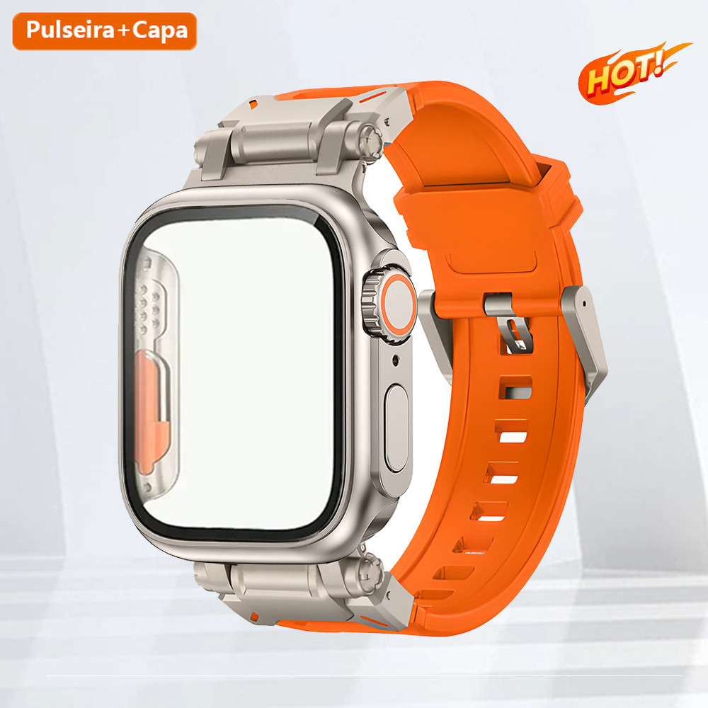 Kit Pulseira Silicone Líquido Explorador + Capa PC Ultra Protetora | Apple Watch 42/44/45/46/49mm Série4-9 SE
