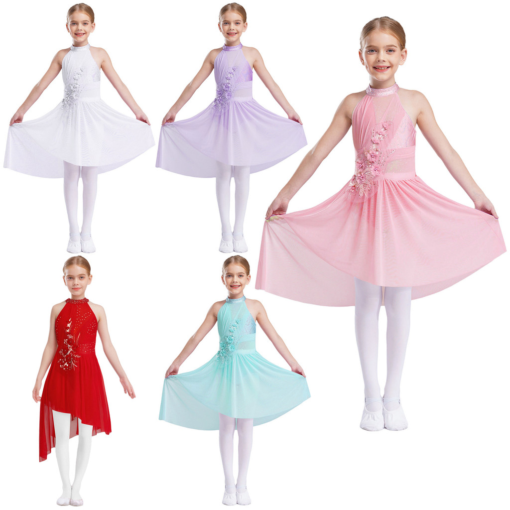 Yeahdor Crianças Meninas Ballet Vestidos De Dança Lírica Sem Mangas Bainha Irregular Brilhante Strass Delicado Apliques