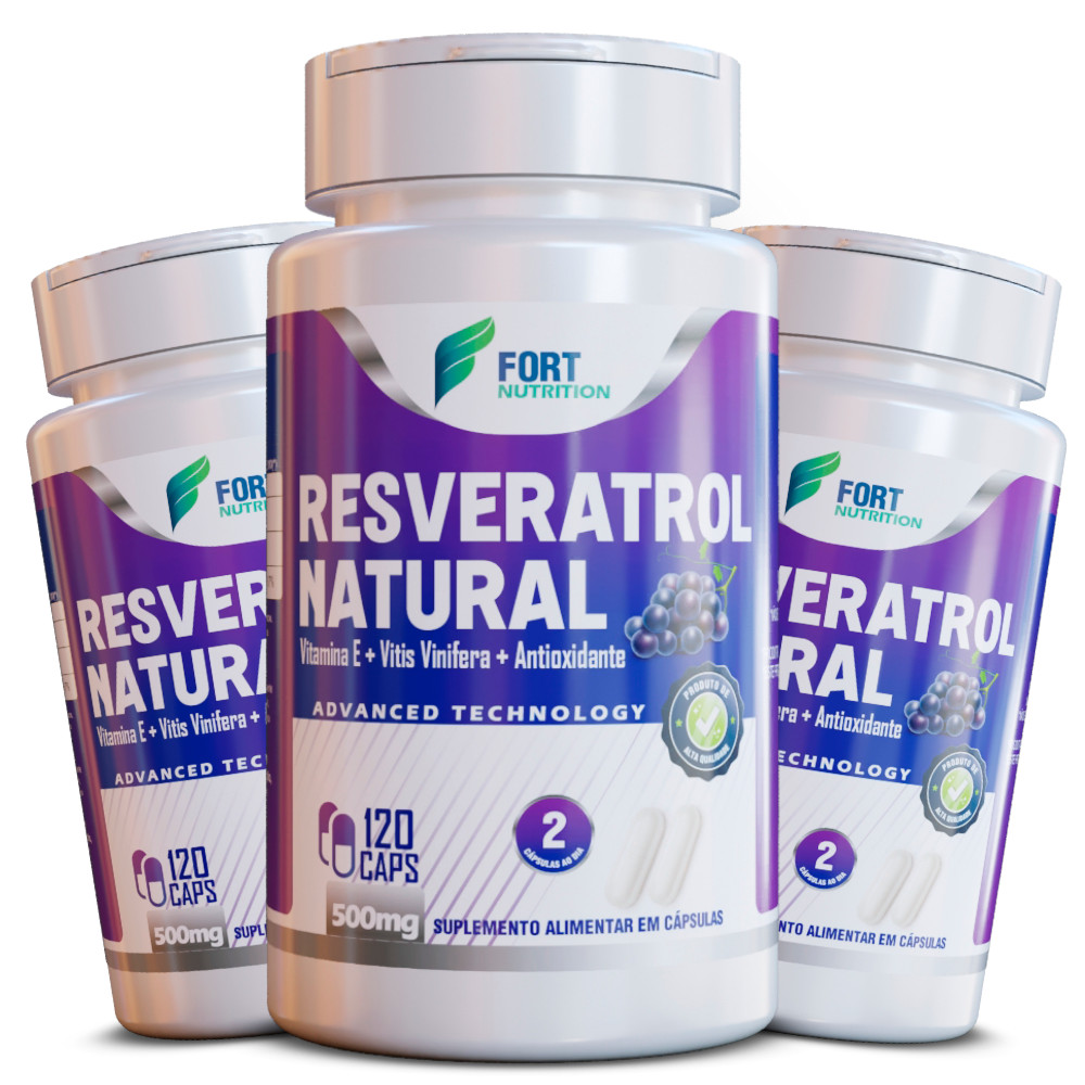 Resveratrol Natural Trans-Resveratrol 500mg 120 Cápsulas Suplemento Alimentar | Kit 1, 2 ou 3 Potes