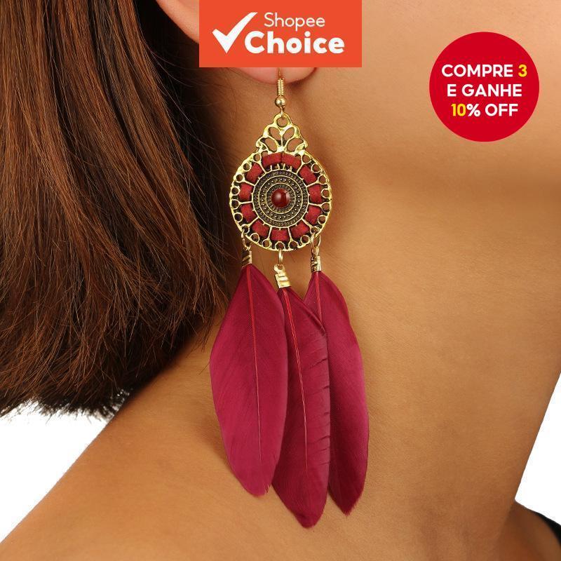 Brincos de Penas com Estilo Boêmio Vintage e Design Étnico Artístico em Oferta na Shopee