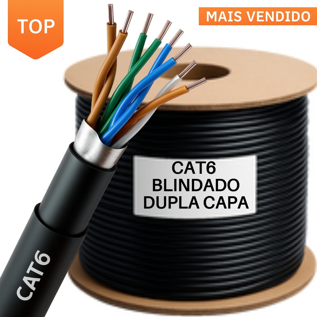 Cabo de Rede CAT6 BLINDADO 150M DUPLA CAPA C/ CONECTOR BLINDADO REDES E CFTV Interno/Externo