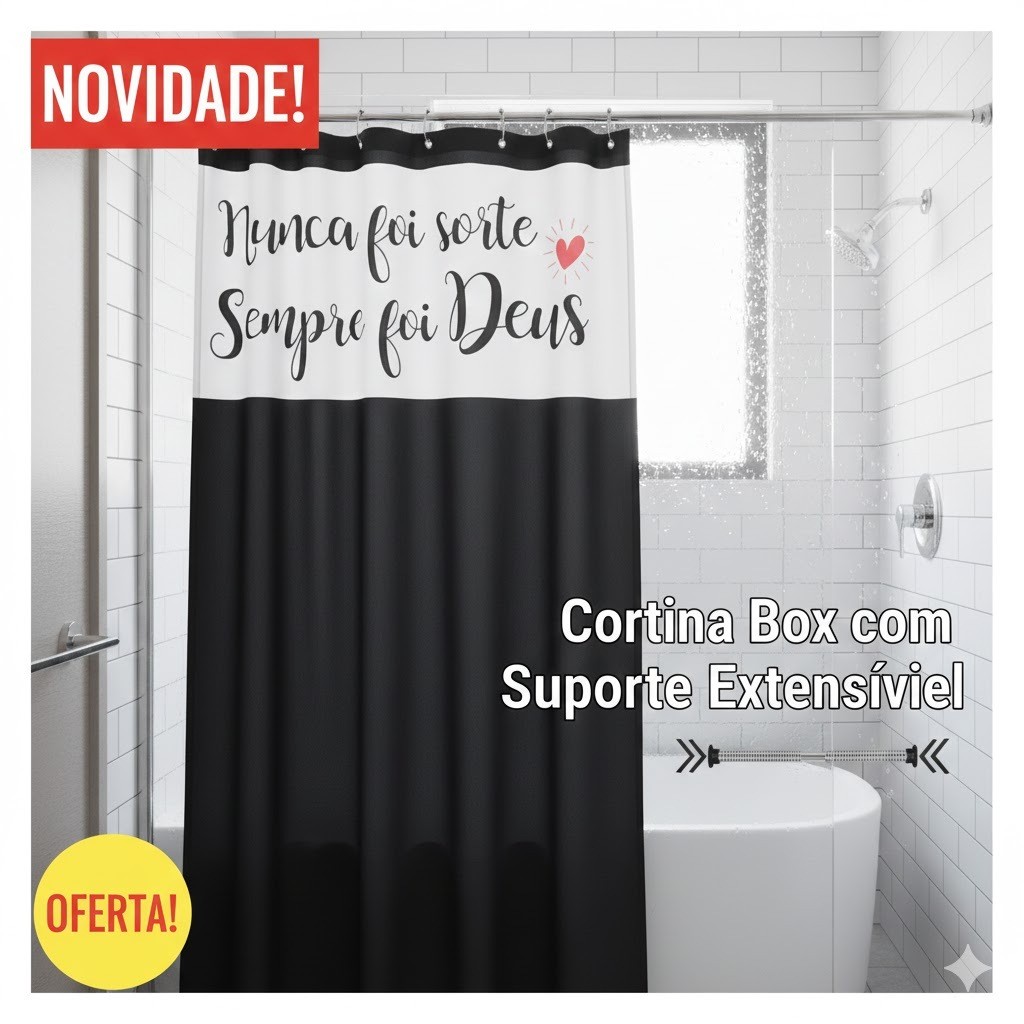 Cortina Box PVC Visor Frase Nunca Foi Sorte Impermeável com Ganchos + Suporte Extensível Alumínio