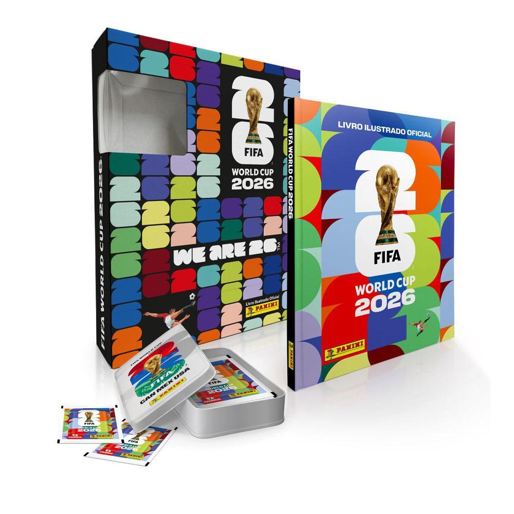 Kit Box Premium Álbum de Figurinhas Copa do Mundo FIFA 2026 Capa Dura + Lata Pocket 30 Envelopes