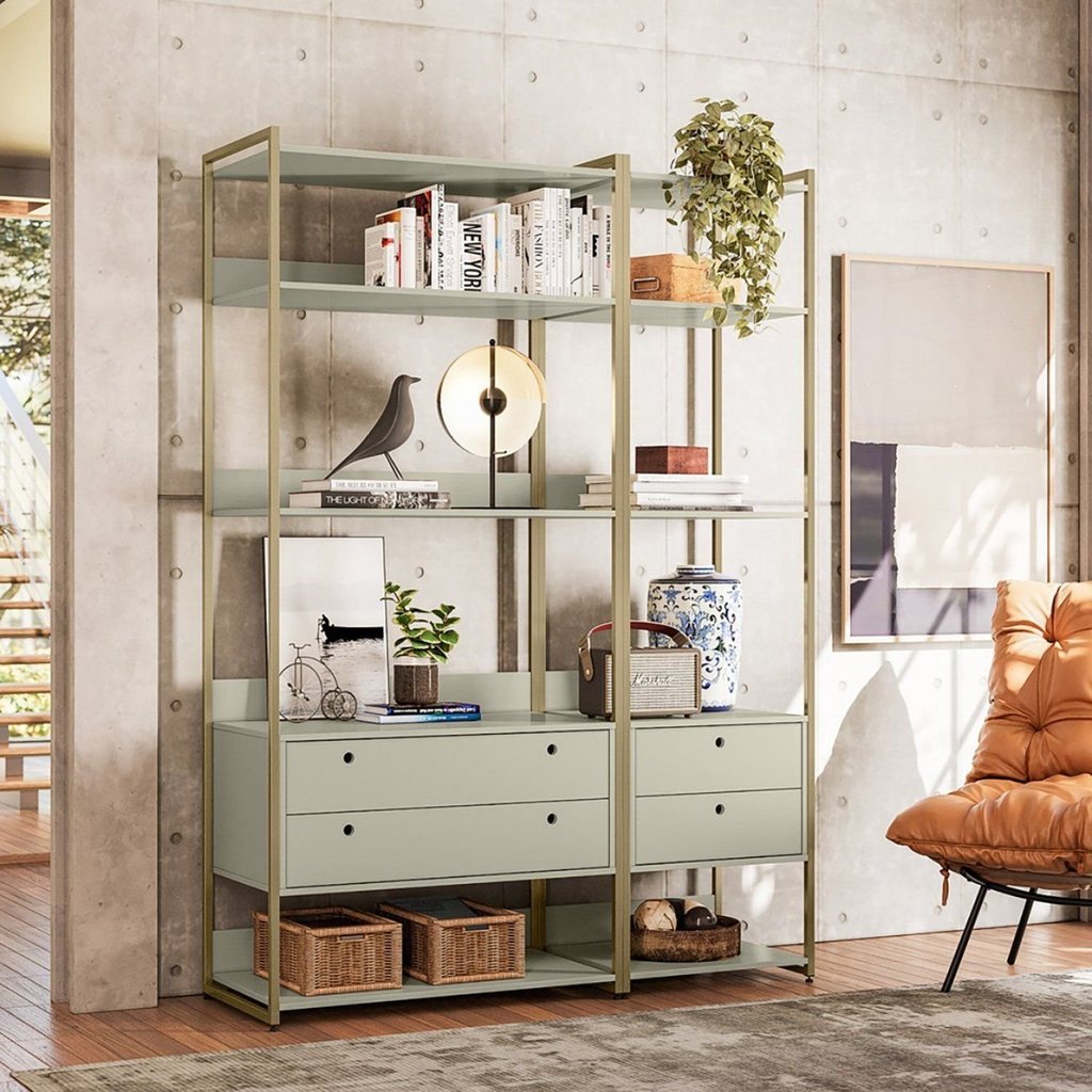 Estante Modulado Industrial Metal MDF 4 Gavetas 10 Prateleiras Off White/Verde Off White