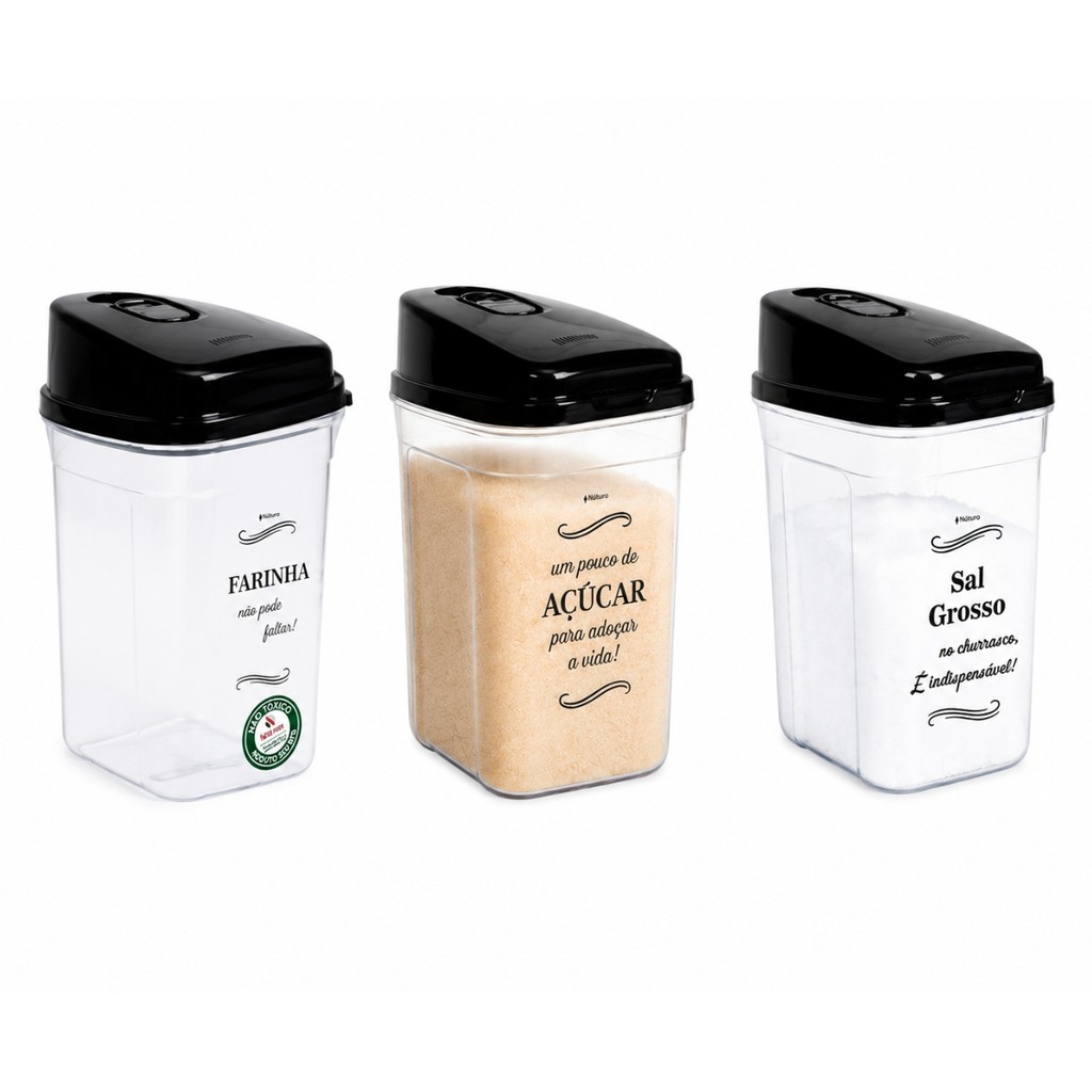 6 Conjunto Porta Mantimentos Transparente Tampa Preta Cozinha Organizada