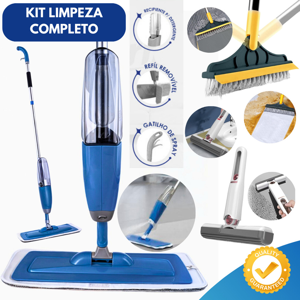 MOP Limpeza Completa Spray com Reservatório + Escova Rodo 2x1 + Mini MOP para Faxina Rápida