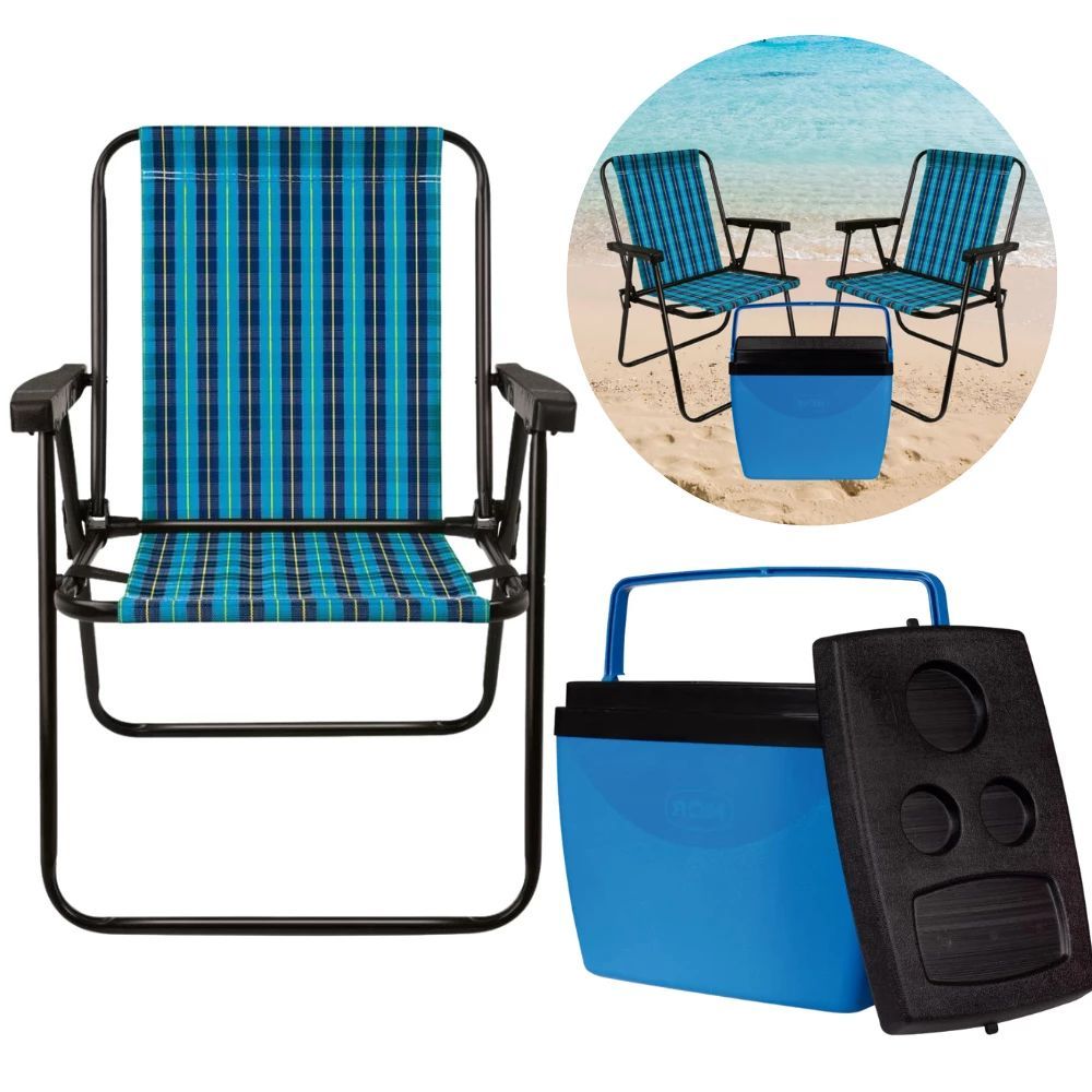 Duas Cadeira de Praia Alta Retrô Azul e Preta + Caixa Térmica Cooler 34 L Azul e Preta Pesca Outdoor