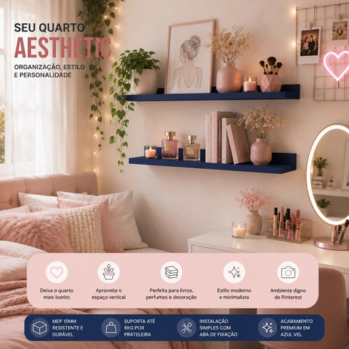Kit 2 Prateleiras Flutuantes Mdp 54cm Decorativa Quarto Sala Azul — imagem 2 de 2