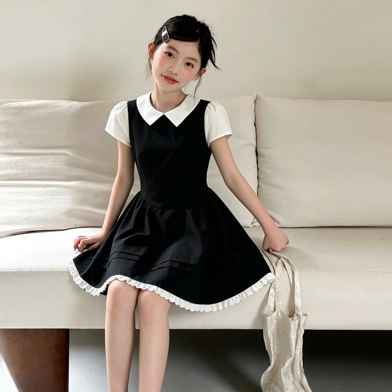 Vestido De Princesa Verão 2026 Meninas Elegante Temperamento Manga Curta Preto Branco Cor Bloco Cintura Crianças Roupas